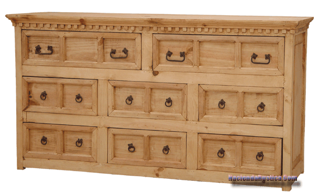Spanish Dresser 6 Deep Drawers Rustic Pine Displayed In Honey Stain
